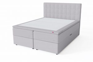 Sleepwell RED Storage dvigulė miegamojo lova su patalynės dėže / RED Bris galvūgalis lovai / TOP HR Foam Plus antčiužinis, šviesiai pilka spalva